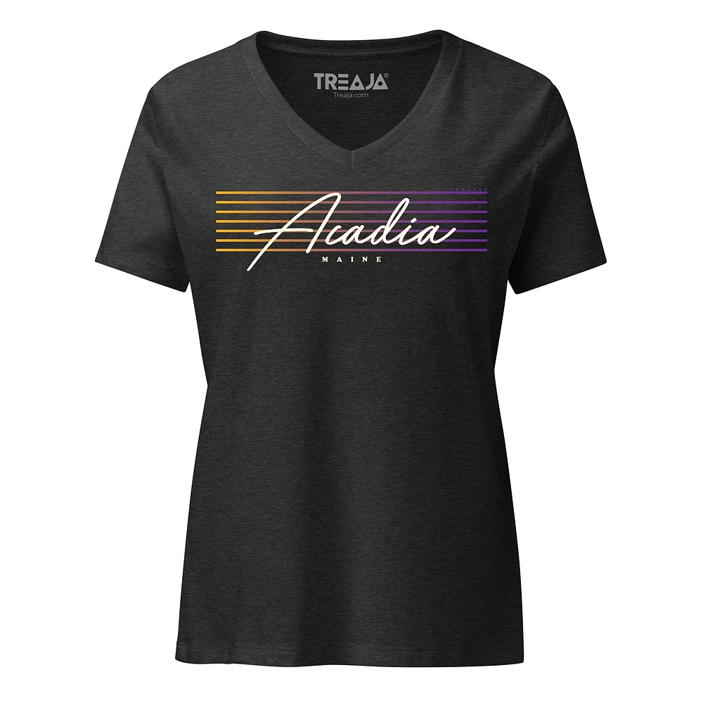 Women's V-neck featuring Acadia National Park name in retro flowing script lettering