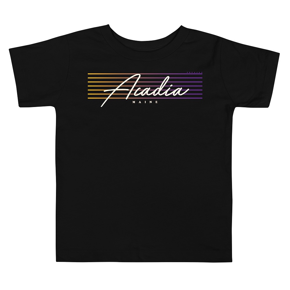 Toddler t-shirt featuring Acadia National Park name in retro flowing script lettering