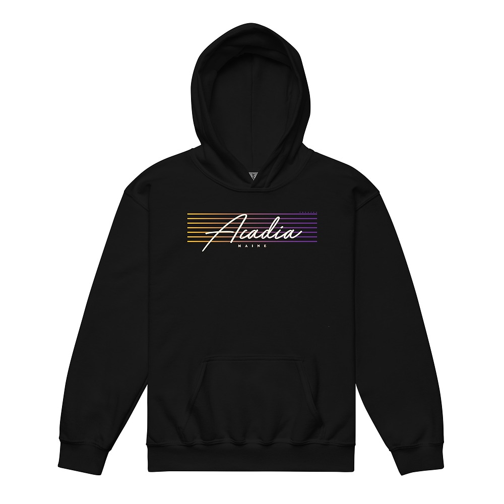 Youth hoodie with Acadia National Park name in retro script lettering