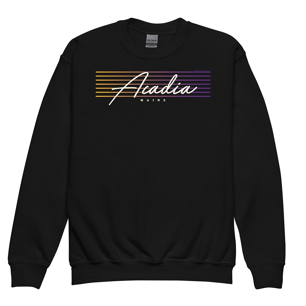 Youth sweatshirt with Acadia National Park name in retro script lettering