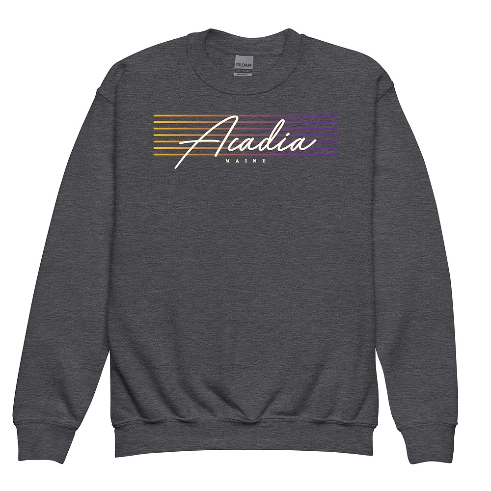 Youth sweatshirt with Acadia National Park name in retro script lettering
