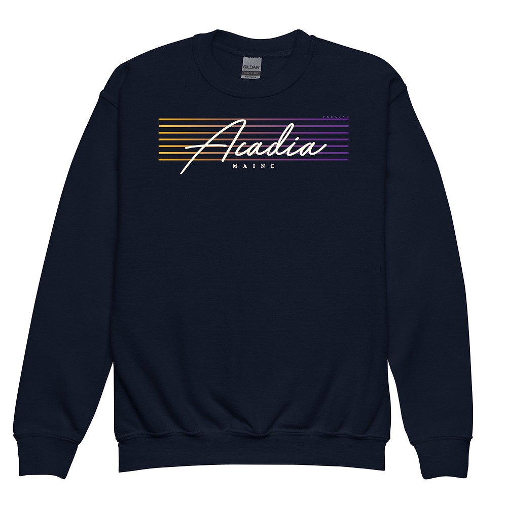 Youth sweatshirt with Acadia National Park name in retro script lettering