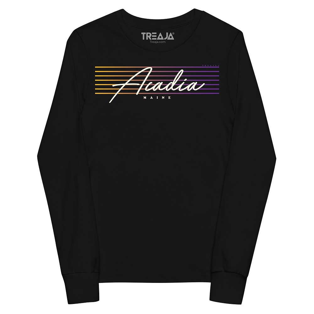 Youth long sleeve featuring Acadia National Park name in retro script lettering style