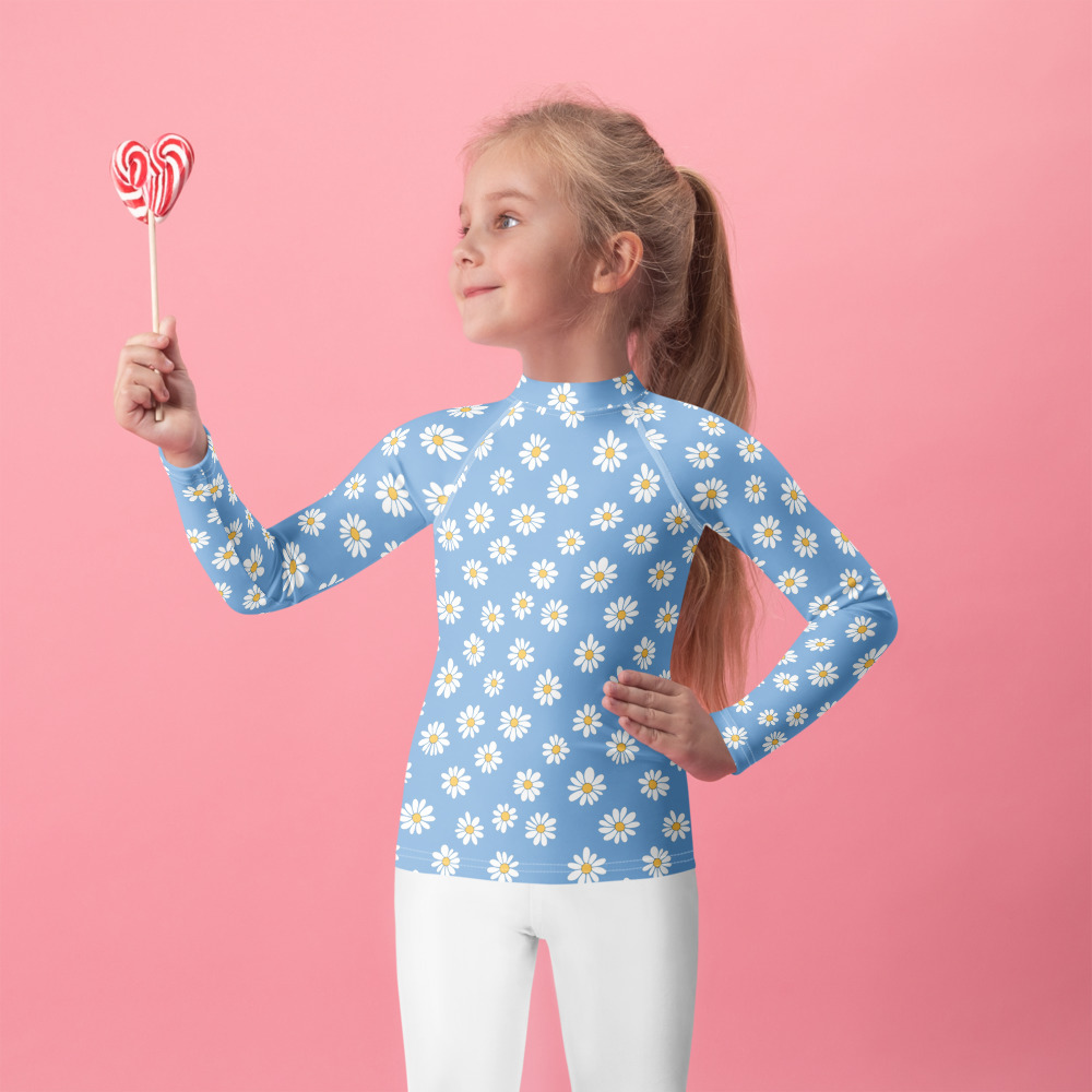 Kids Daisy Rash Guard - Cute Baby Blue Floral Sun Protection - Treaja.com