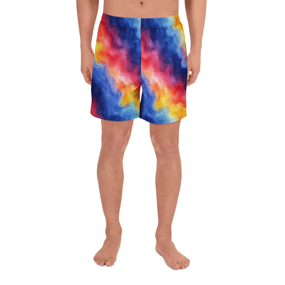 Unisex athletic long shorts with vibrant rainbow galaxy watercolor gradient design featuring cosmic celestial patterns