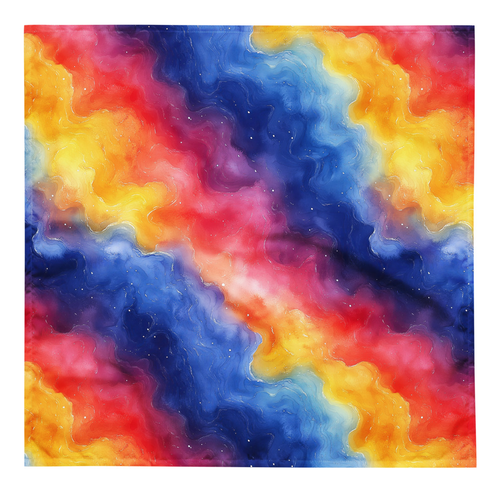 Watercolor gradient bandana with rainbow galaxy celestial design featuring flowing cosmic colors in purple, blue, and pink hues