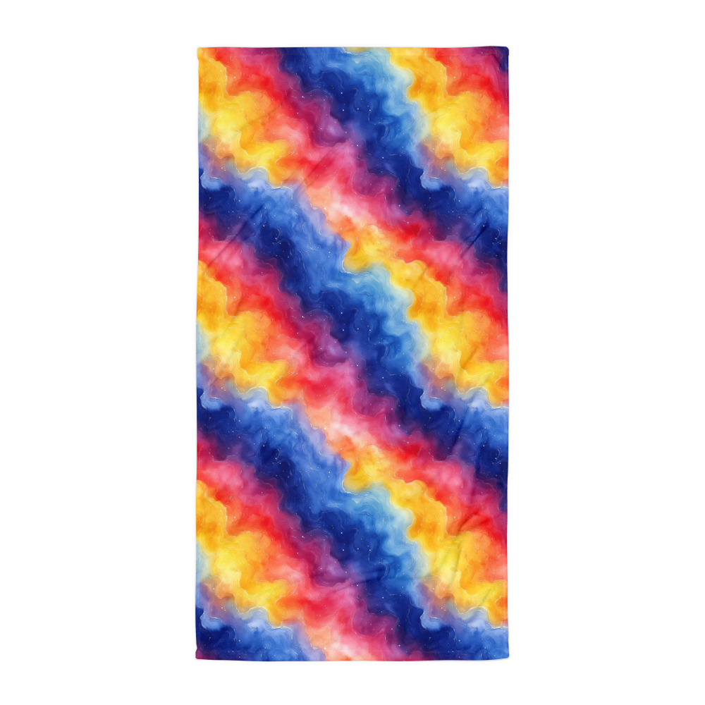 Beach towel with vibrant rainbow galaxy gradient design in watercolor style showing cosmic celestial patterns