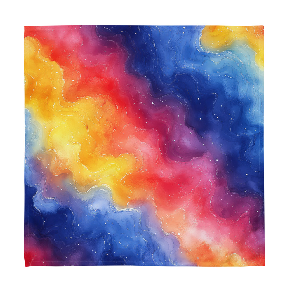 Set of four cloth napkins with rainbow galaxy gradient watercolor design showing vibrant cosmic colors