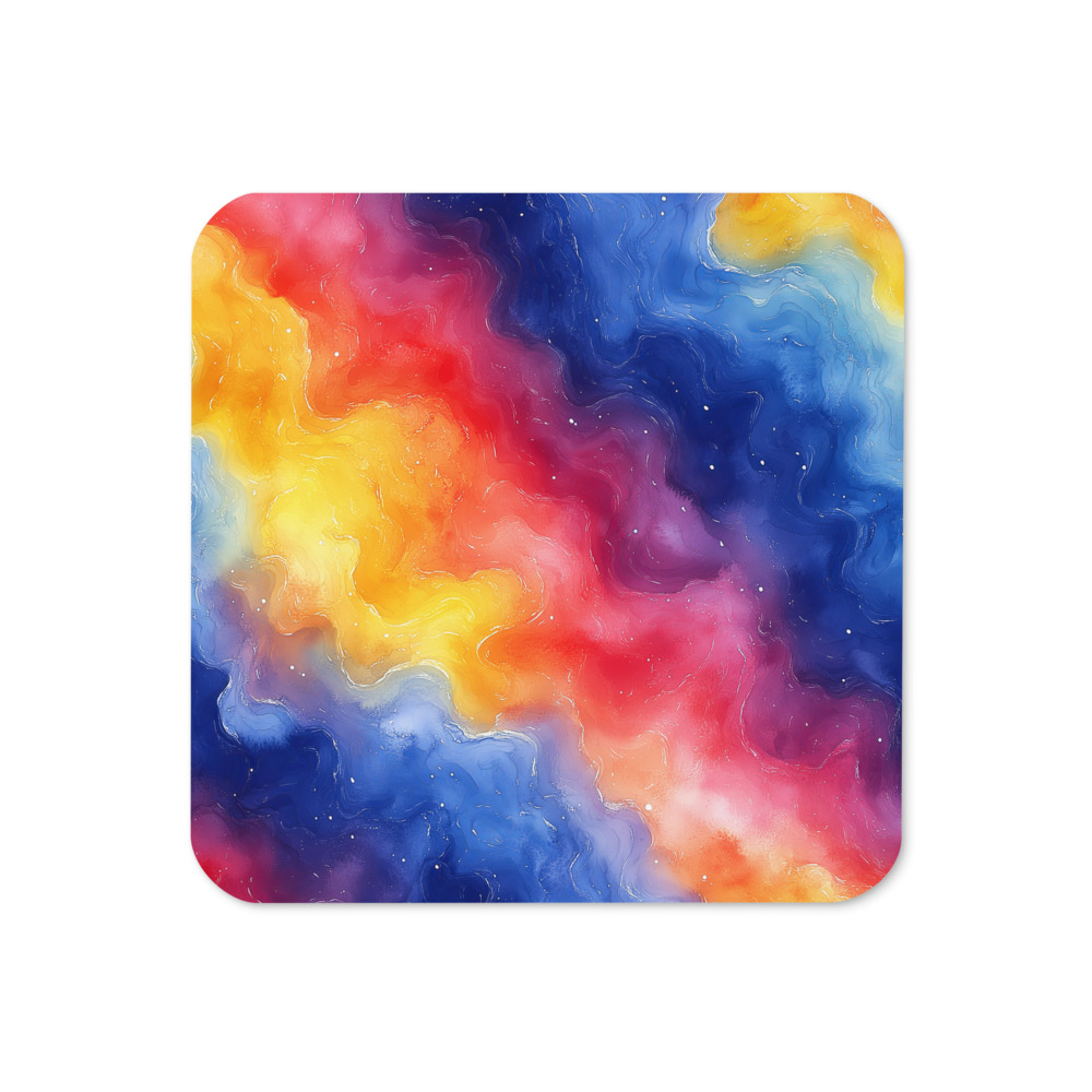 Cork-back coaster featuring Rainbow Galaxy Gradient design with vibrant watercolor celestial patterns in cosmic colors