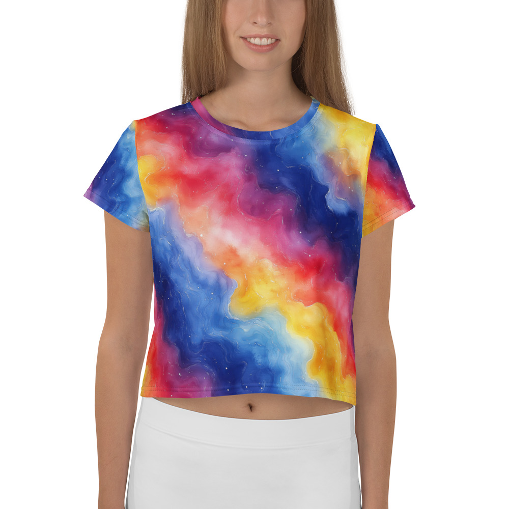 Crop tee displaying vibrant rainbow galaxy gradient watercolor design with flowing celestial colors