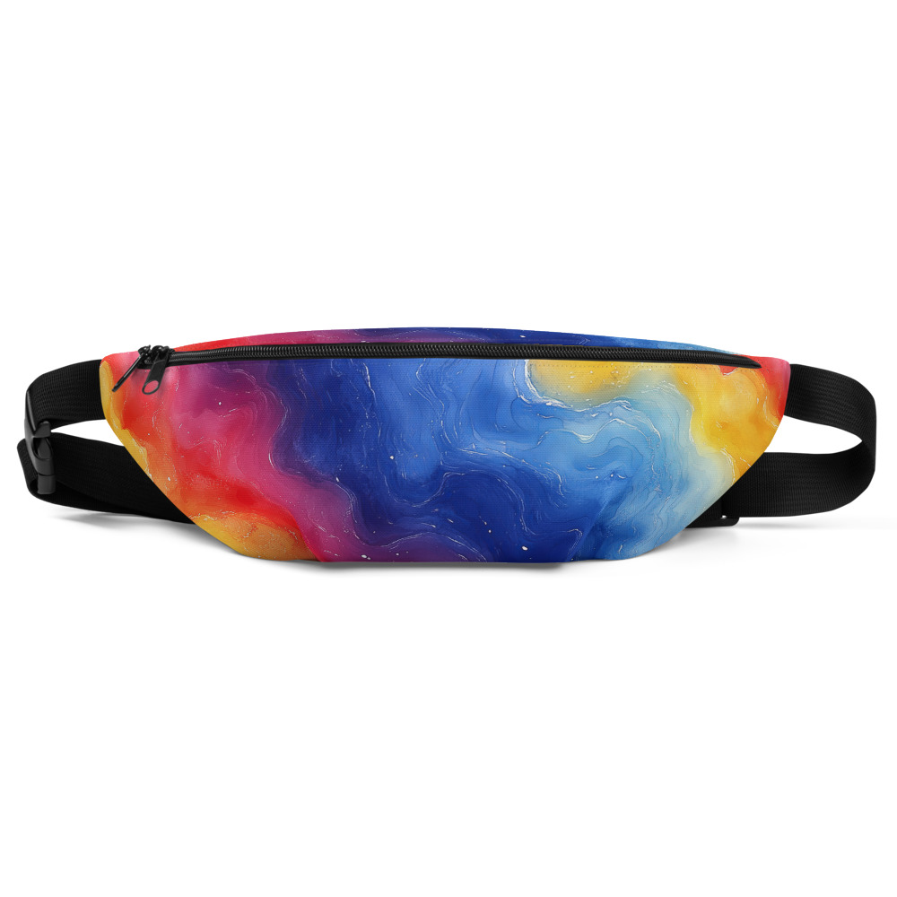 Rainbow Galaxy Gradient fanny pack featuring vibrant watercolor celestial design with cosmic swirls and nebula-inspired colors