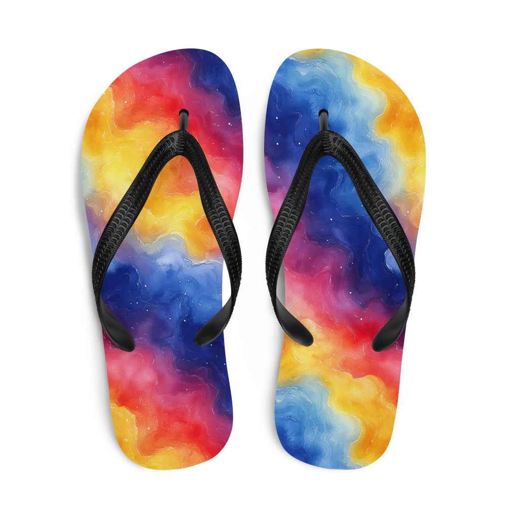Flip flops with vibrant rainbow galaxy watercolor gradient design showing cosmic purple and multicolored flowing patterns