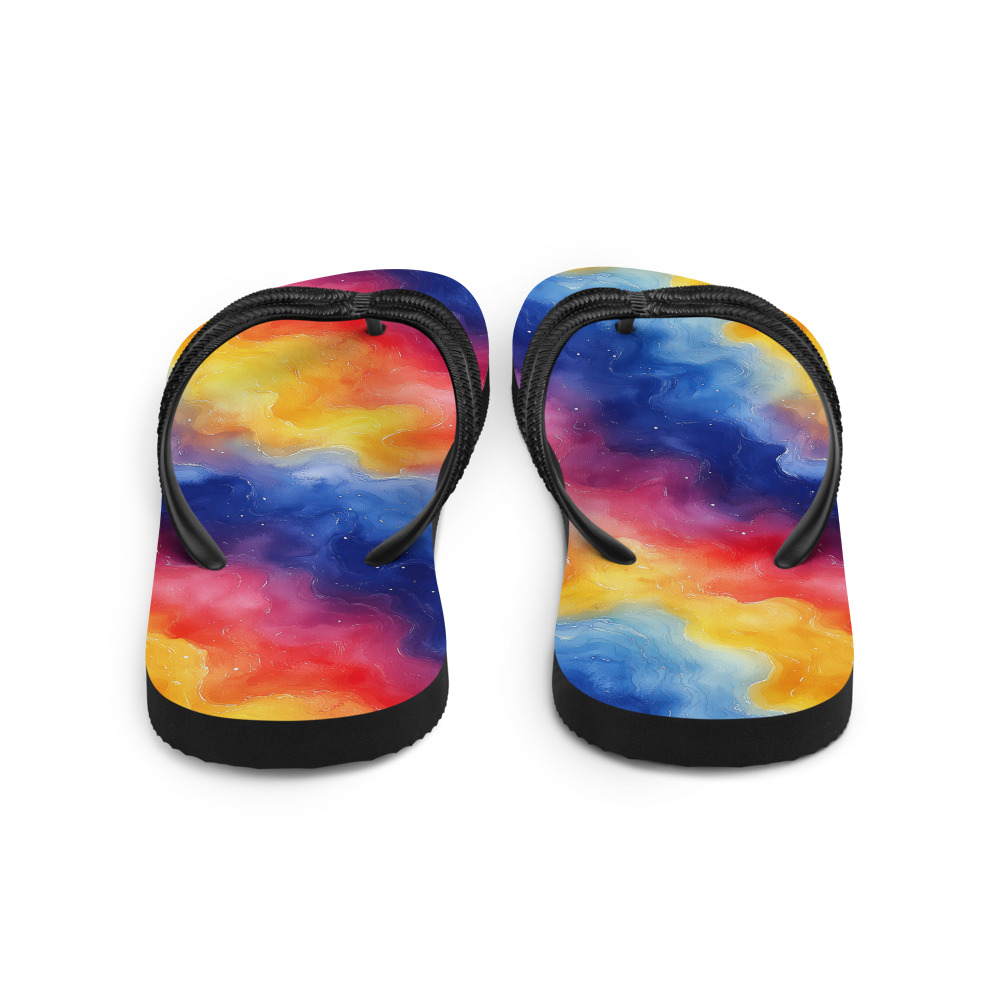 Flip flops with vibrant rainbow galaxy watercolor gradient design showing cosmic purple and multicolored flowing patterns
