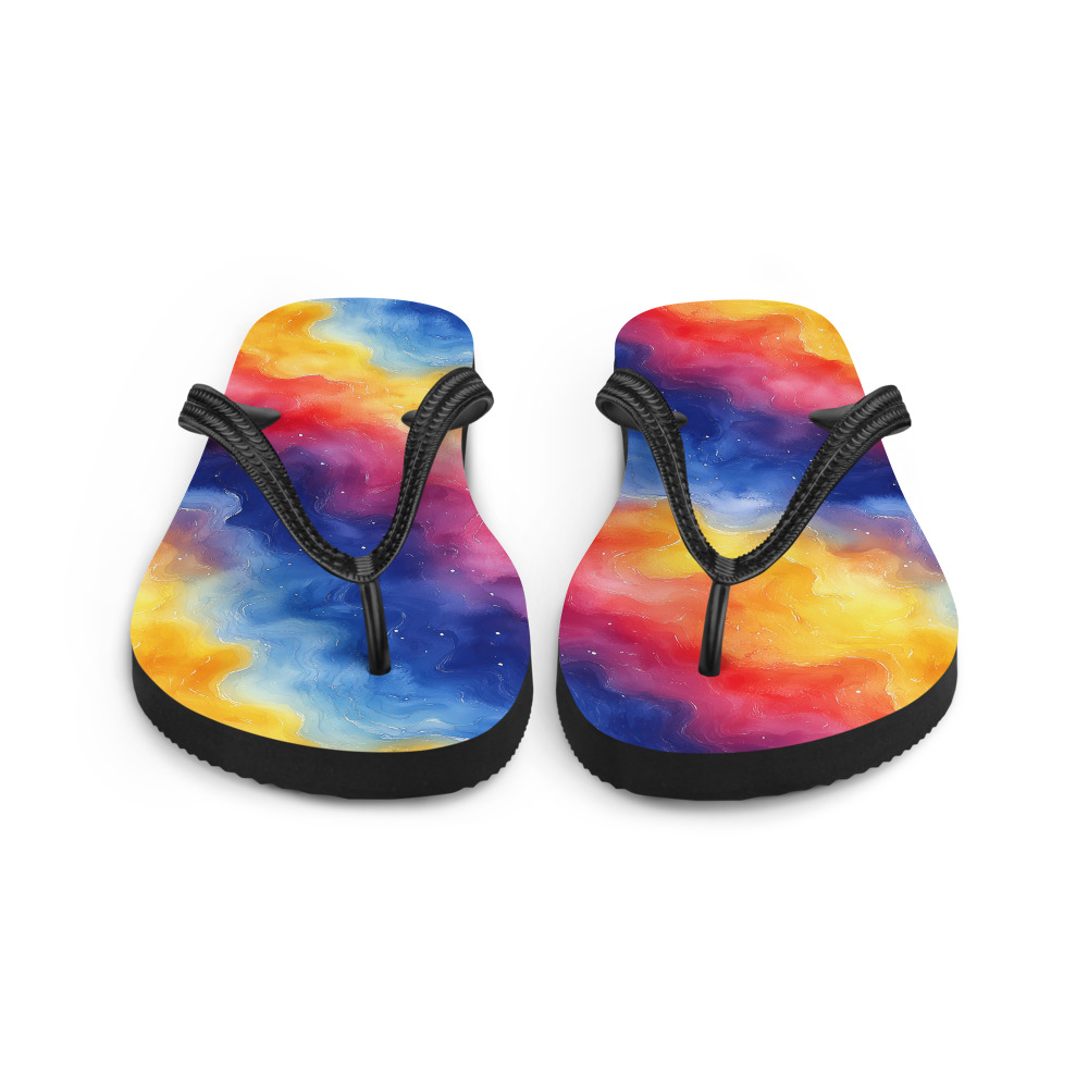 Flip flops with vibrant rainbow galaxy watercolor gradient design showing cosmic purple and multicolored flowing patterns