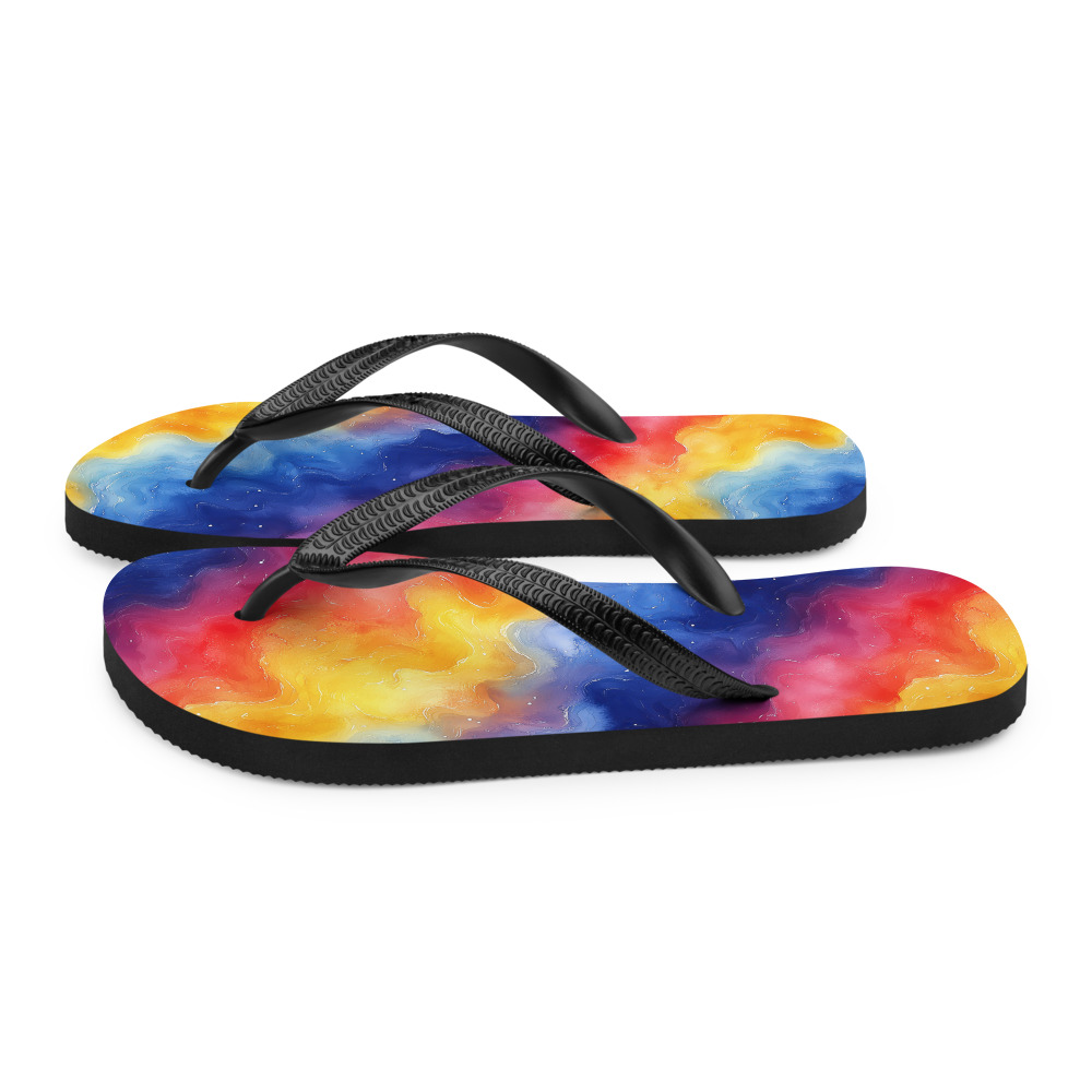 Flip flops with vibrant rainbow galaxy watercolor gradient design showing cosmic purple and multicolored flowing patterns