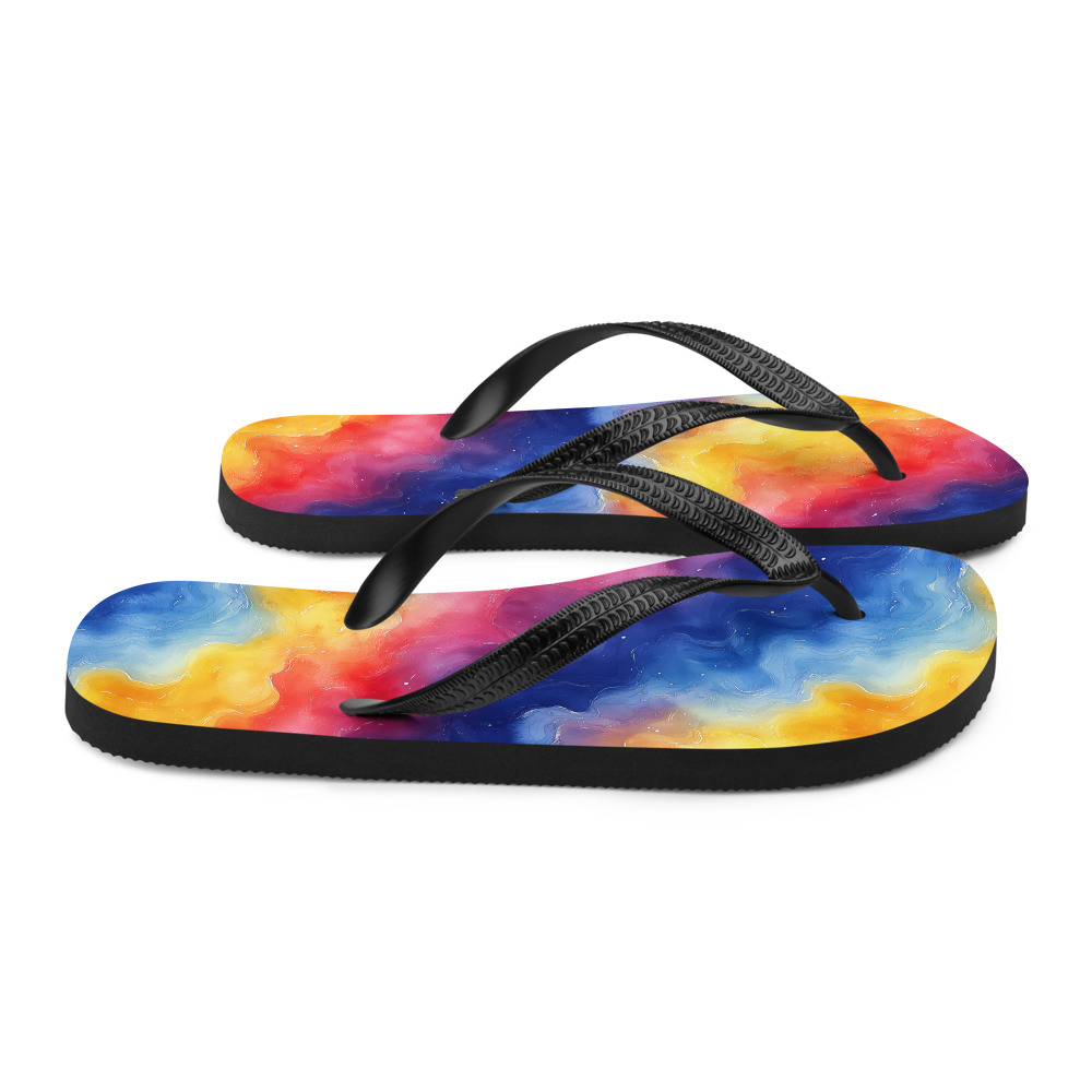 Flip flops with vibrant rainbow galaxy watercolor gradient design showing cosmic purple and multicolored flowing patterns