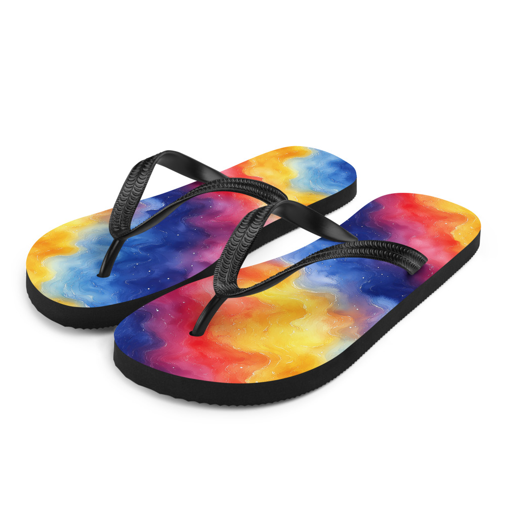 Flip flops with vibrant rainbow galaxy watercolor gradient design showing cosmic purple and multicolored flowing patterns