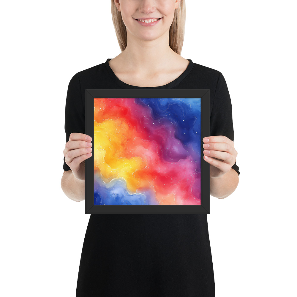 Rainbow Galaxy Gradient watercolor abstract framed poster with cosmic celestial colors in matte black frame