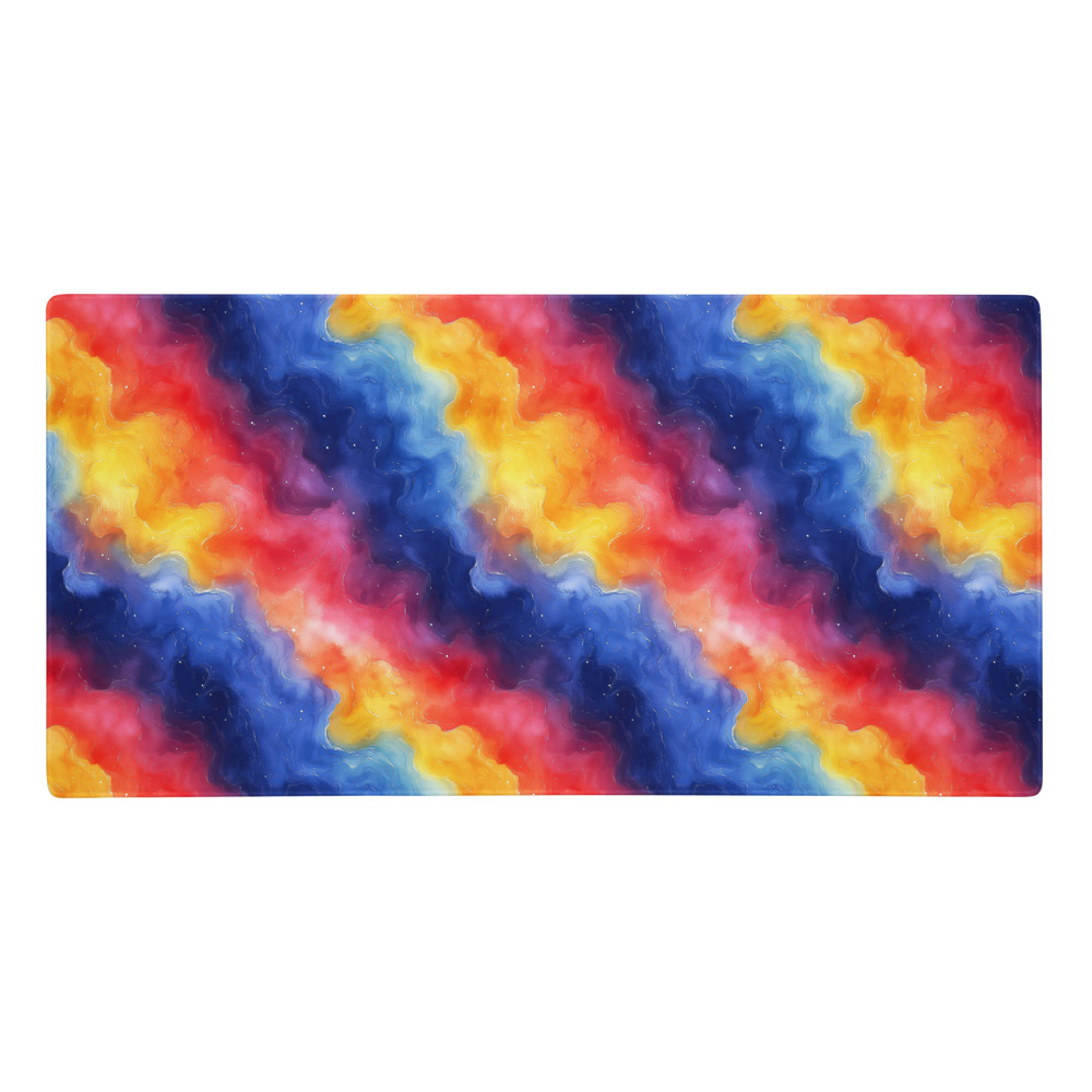 Gaming mouse pad with rainbow galaxy gradient watercolor design featuring cosmic colors flowing across surface