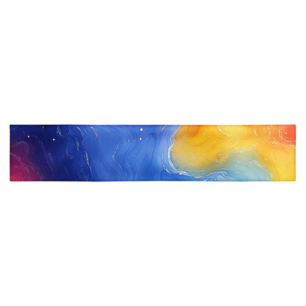 Headband with vibrant rainbow galaxy watercolor gradient design featuring cosmic celestial patterns in flowing colors
