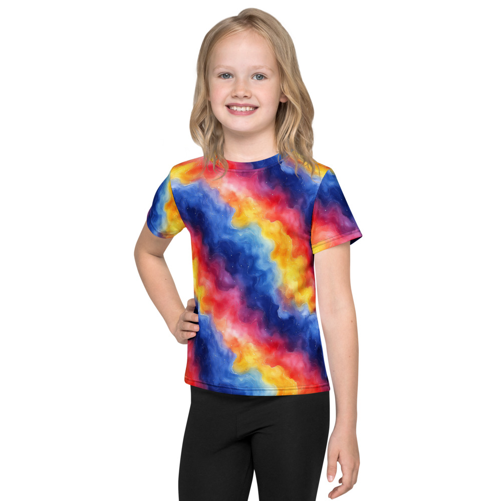 Kids crew neck t-shirt with vibrant rainbow galaxy watercolor gradient design covering the entire garment