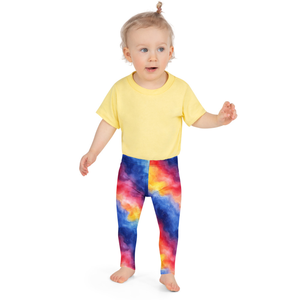Kids leggings with Rainbow Galaxy Gradient watercolor design featuring flowing rainbow colors in celestial pattern