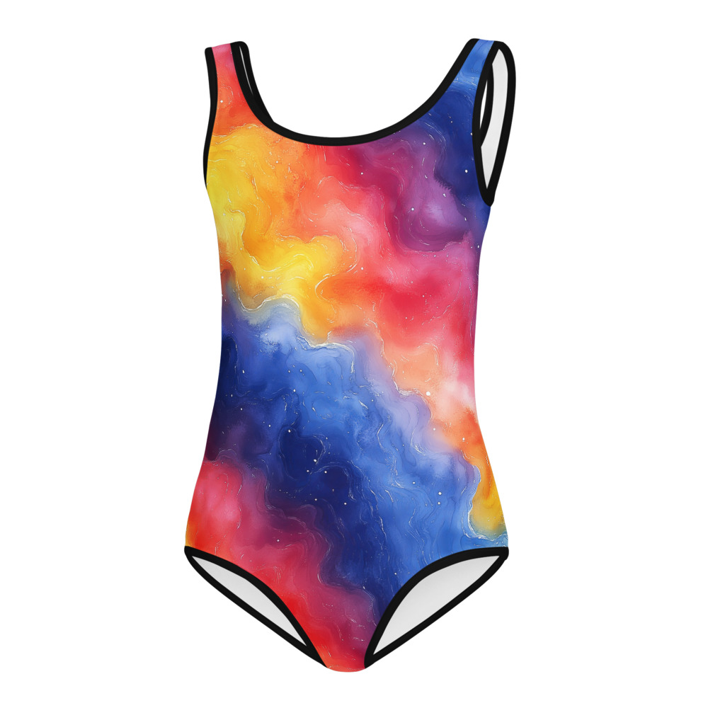 Kids swimsuit with vibrant rainbow galaxy gradient watercolor design featuring cosmic swirls in brilliant colors