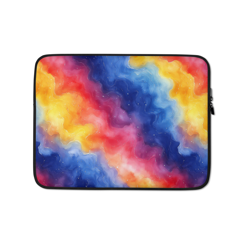 Laptop sleeve with vibrant rainbow galaxy gradient watercolor design featuring cosmic swirls in purple, blue, pink hues