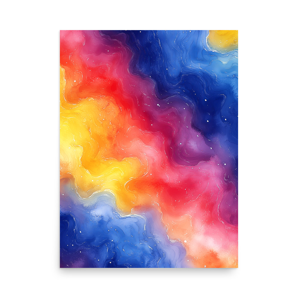 Premium luster photo paper poster displaying vibrant rainbow galaxy gradient design with flowing watercolor cosmic patterns
