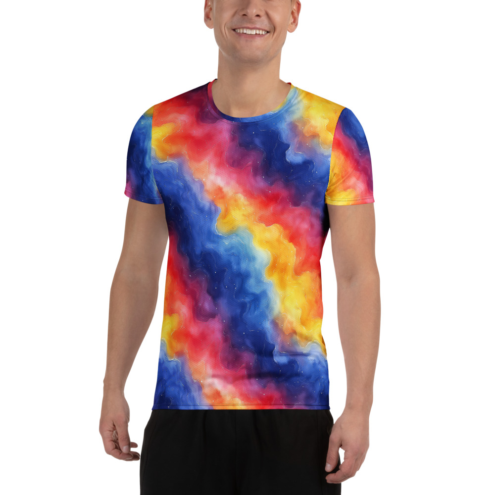 Men's athletic t-shirt with vibrant rainbow galaxy watercolor gradient design featuring cosmic celestial patterns