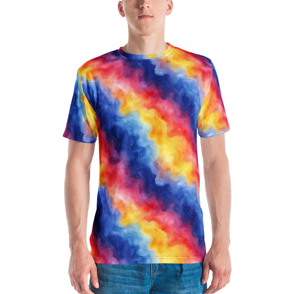 Men's crew neck t-shirt with watercolor gradient rainbow galaxy design featuring vibrant cosmic patterns