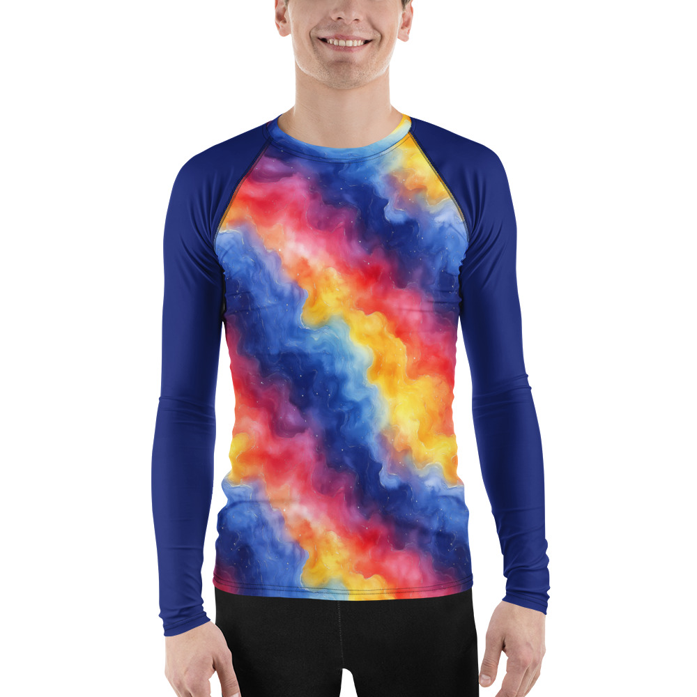 Men's rash guard featuring vibrant rainbow galaxy watercolor gradient design with cosmic swirling patterns