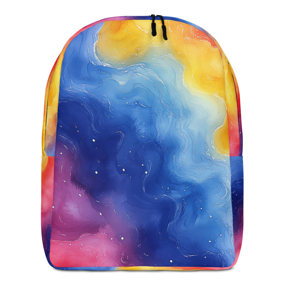 Minimalist backpack featuring vibrant rainbow galaxy watercolor gradient design with cosmic purple, blue, and pink hues