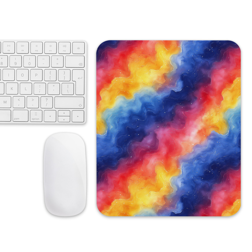 Mouse pad featuring vibrant rainbow galaxy watercolor gradient with flowing cosmic swirls in purple, blue, pink and gold