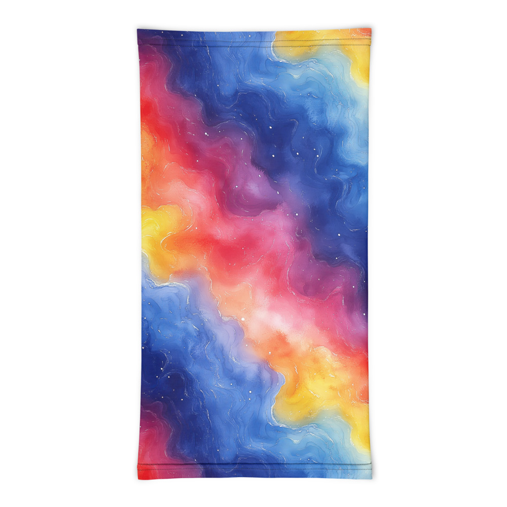 Neck gaiter displaying vibrant rainbow galaxy gradient watercolor design with flowing celestial abstract patterns
