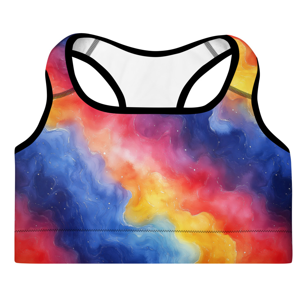 Padded sports bra with vibrant rainbow galaxy watercolor gradient design featuring cosmic nebula-inspired colors