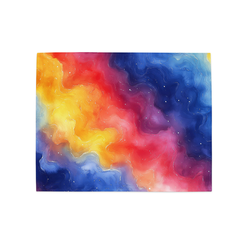 Set of four placemats displaying vibrant rainbow galaxy watercolor gradient design with swirling celestial colors