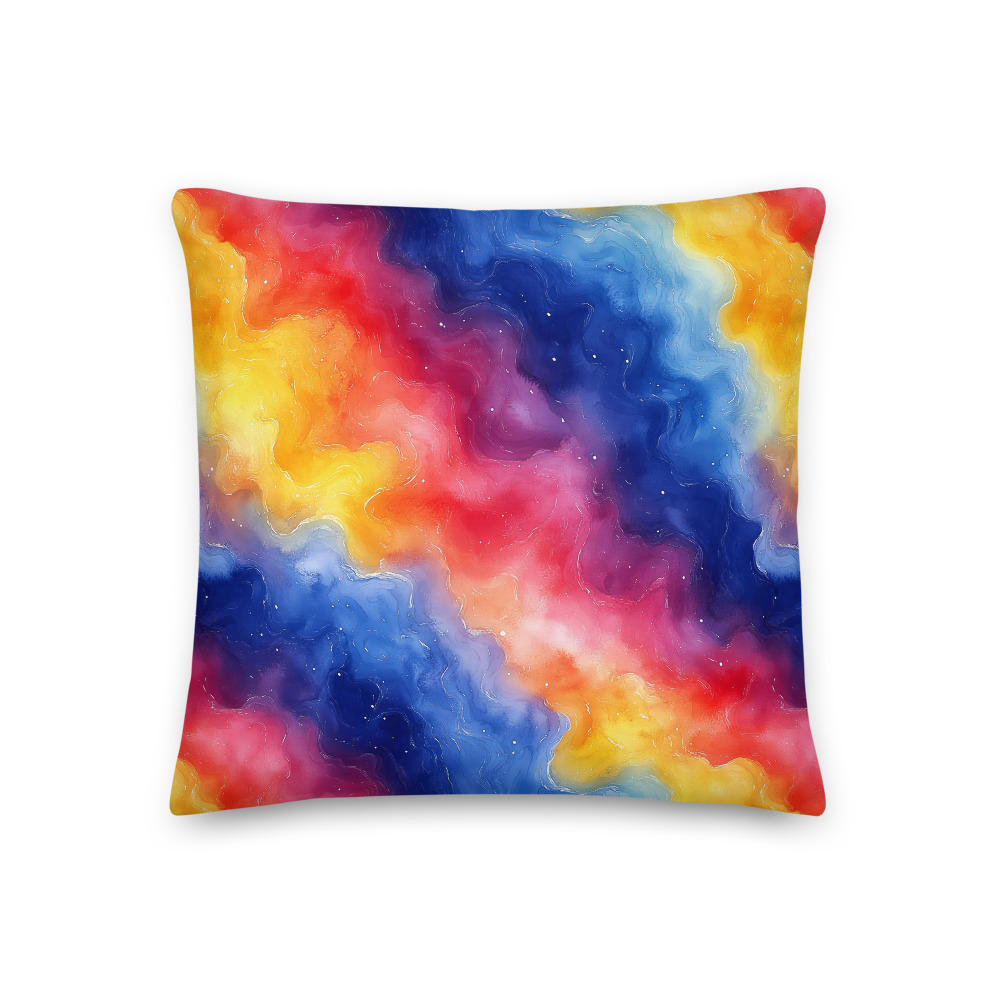 Premium pillow with rainbow galaxy gradient watercolor design featuring vibrant celestial colors flowing seamlessly