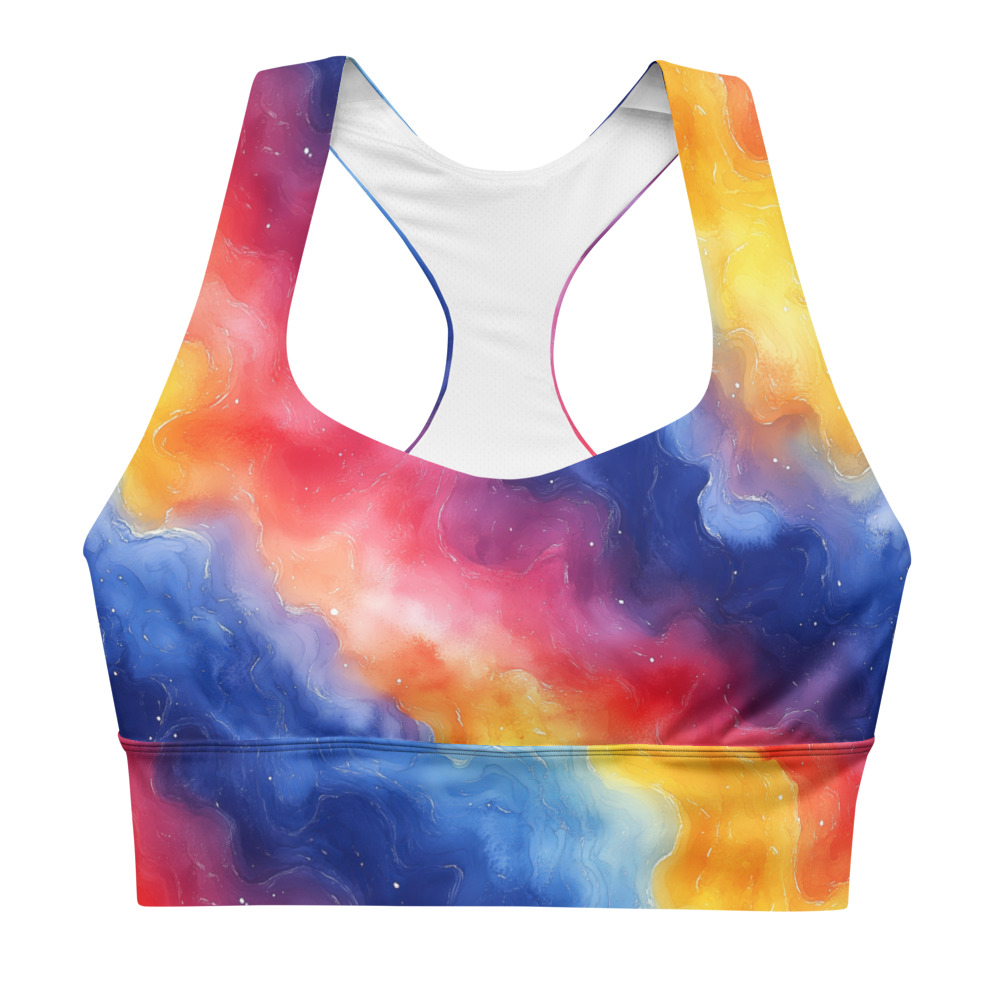 Recycled longline sports bra featuring watercolor gradient rainbow galaxy design with cosmic purple, blue, pink and orange hues