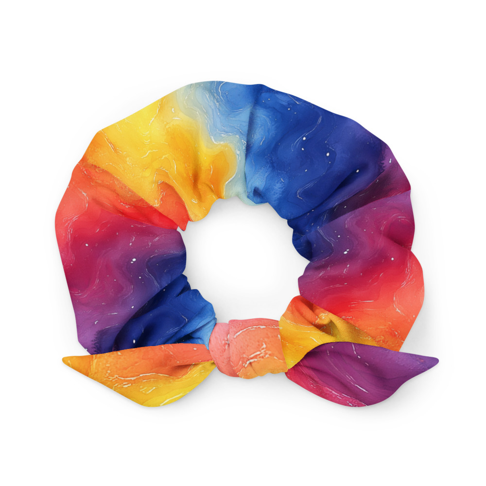 Recycled scrunchie with rainbow galaxy gradient watercolor design showing vibrant cosmic colors and removable bow detail