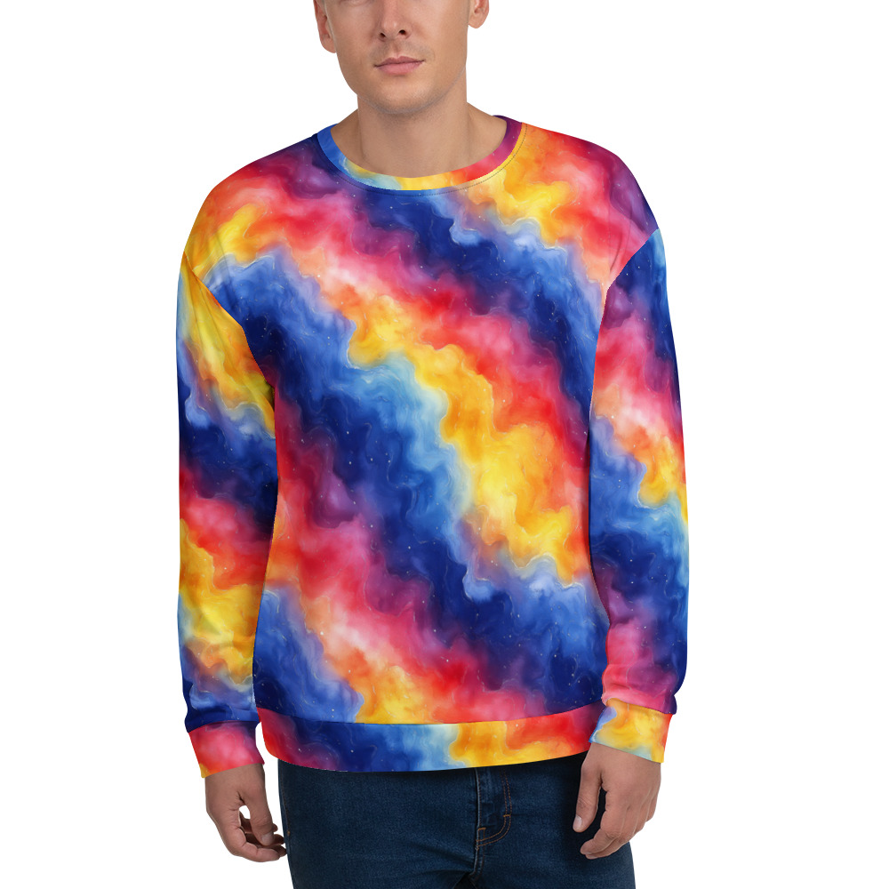Recycled unisex sweatshirt displaying vibrant rainbow galaxy gradient design with flowing watercolor cosmic patterns