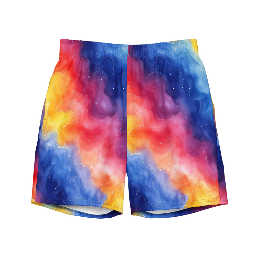 Recycled swim trunks with watercolor gradient rainbow galaxy pattern showing vibrant cosmic colors flowing across fabric
