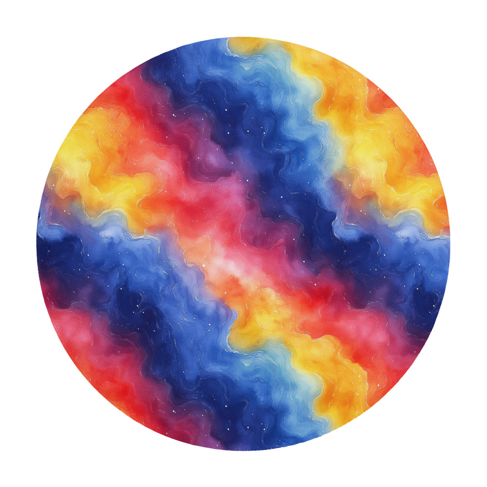 Round mouse pad with Rainbow Galaxy Gradient watercolor design featuring vibrant cosmic colors and celestial patterns