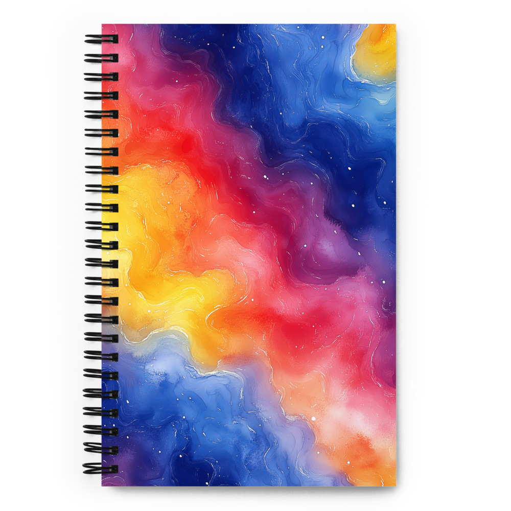 Spiral notebook with rainbow galaxy gradient watercolor design featuring cosmic colors flowing across celestial theme