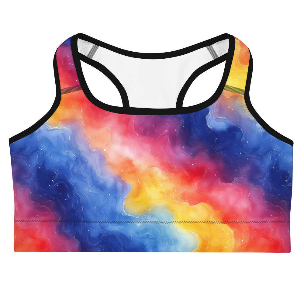 Sports bra featuring vibrant rainbow galaxy gradient watercolor design with cosmic celestial patterns