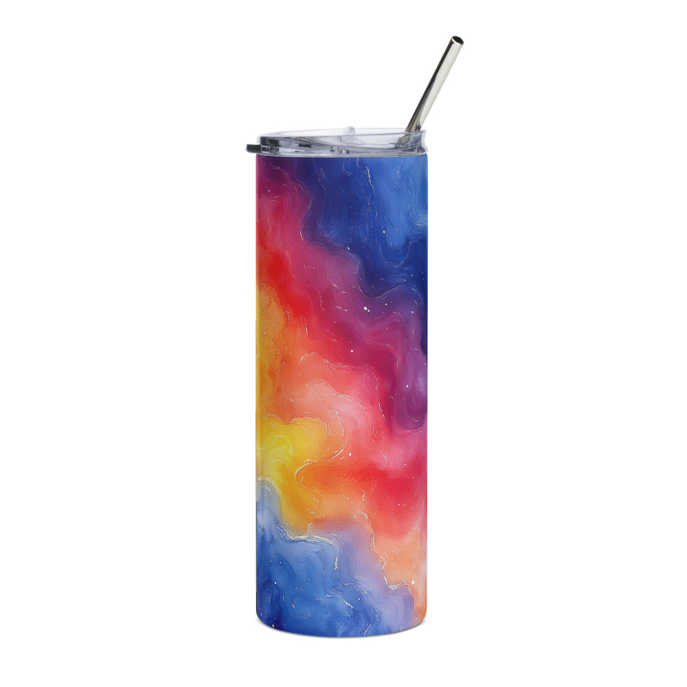 Stainless steel tumbler with vibrant rainbow galaxy watercolor gradient design flowing from purple to yellow hues