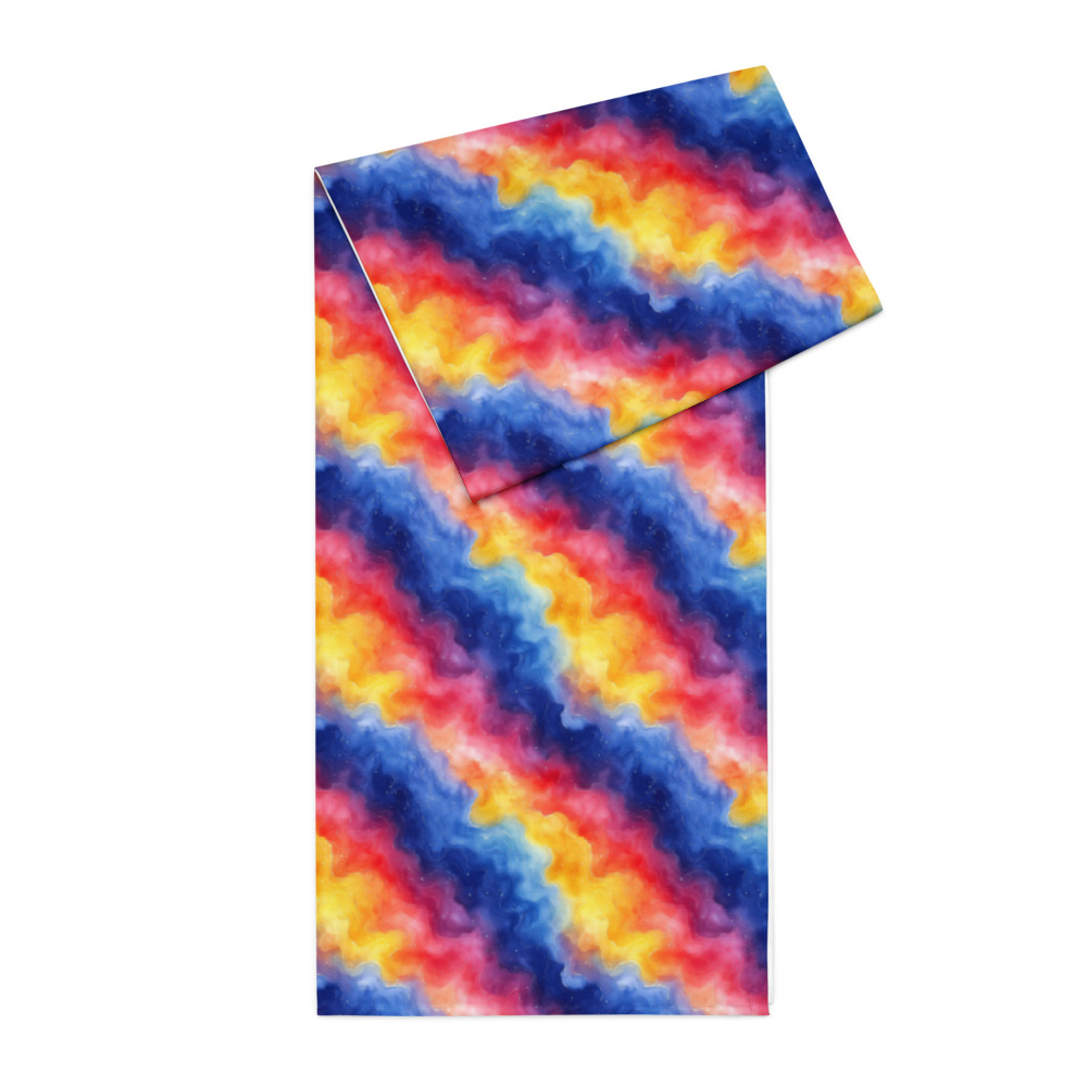 Table runner displaying vibrant rainbow galaxy gradient design with watercolor cosmic hues flowing across fabric surface