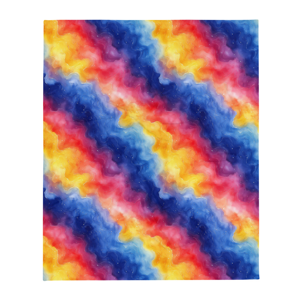 Watercolor gradient throw blanket with rainbow cosmic hues flowing from purple to gold in celestial pattern