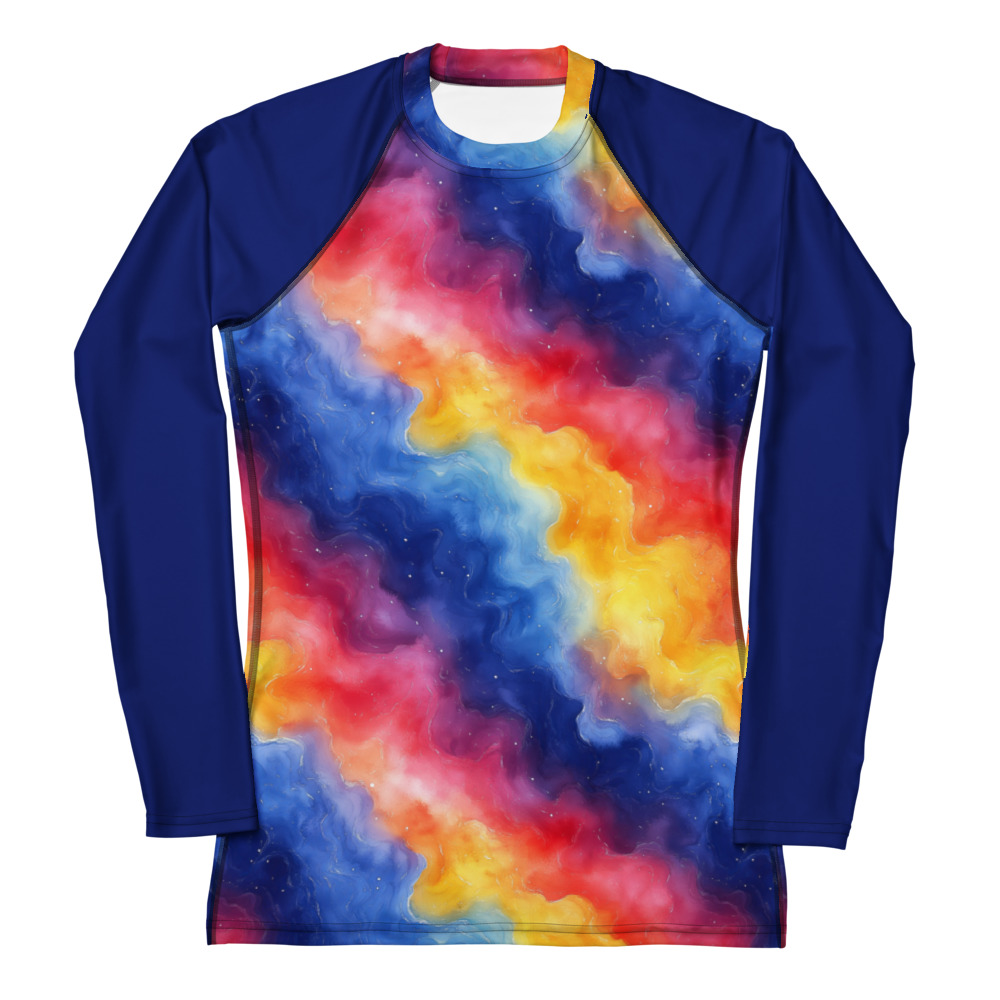 Women's rash guard with vibrant rainbow galaxy gradient watercolor design featuring cosmic purple, blue, and orange hues