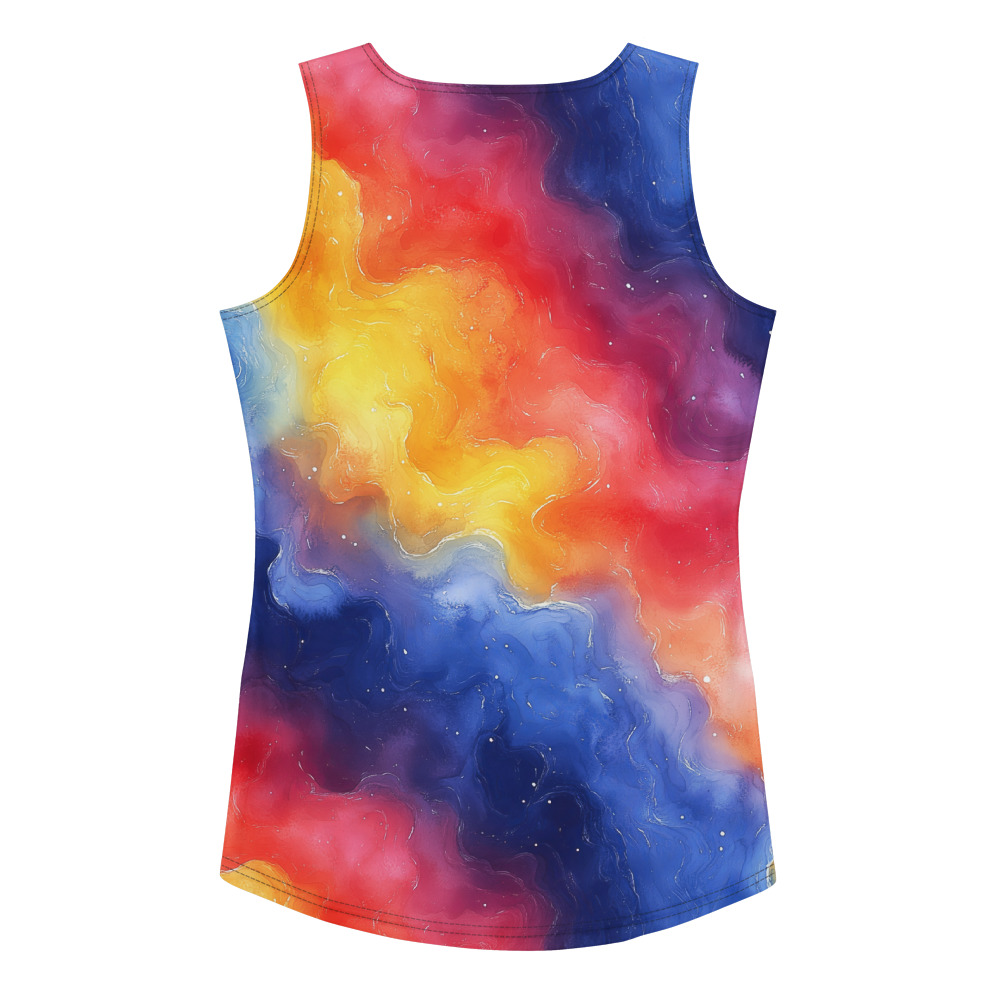 Women's tank top with rainbow galaxy gradient watercolor design featuring cosmic celestial colors